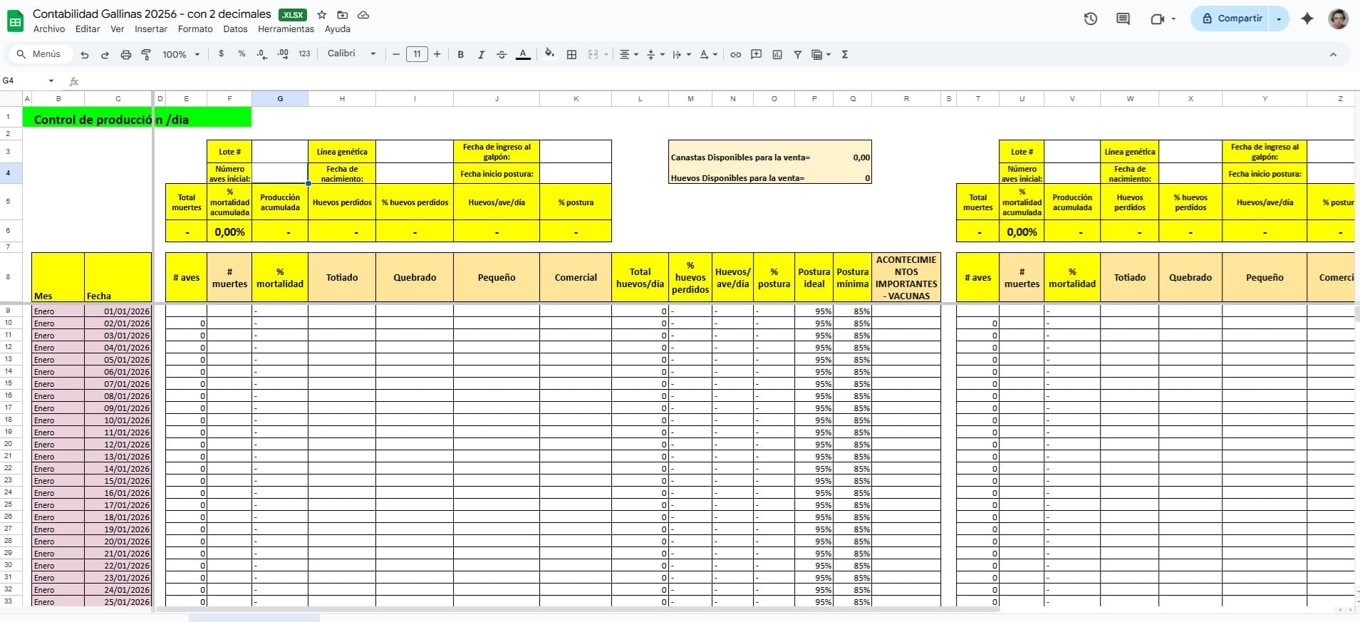 Archivo de Excel para contabilidad de granja avícola de gallinas ponedoras de huevos - Años 2025, 2026 y 2027